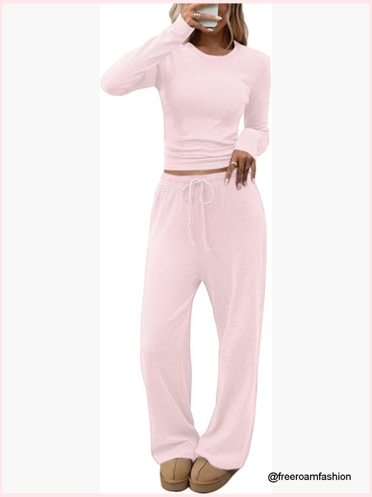 Two Piece Lounge Set Long Sleeve Top Wide Leg Palazzo Pants